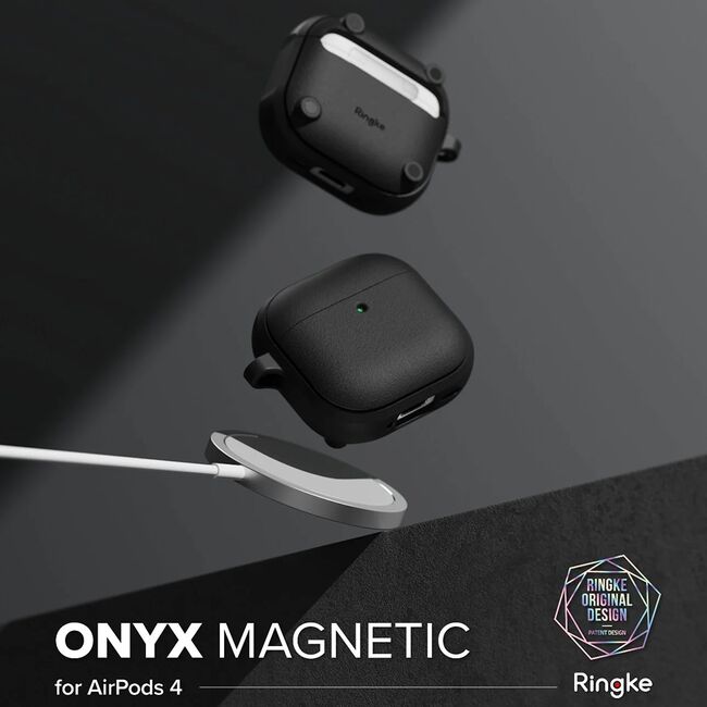 Huse de protectie pentru AirPods 4 Ringke - Protection Case Onyx Magnetic, Non-Slip Texture, cu breloc carabina - Gri