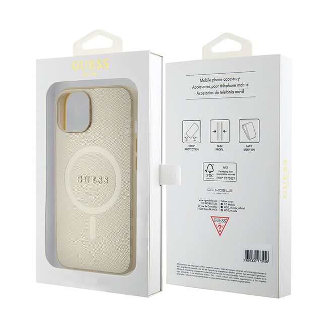 Husa premium pentru  iPhone 15 compatibila MagSafe Guess Luxury Series - Auriu