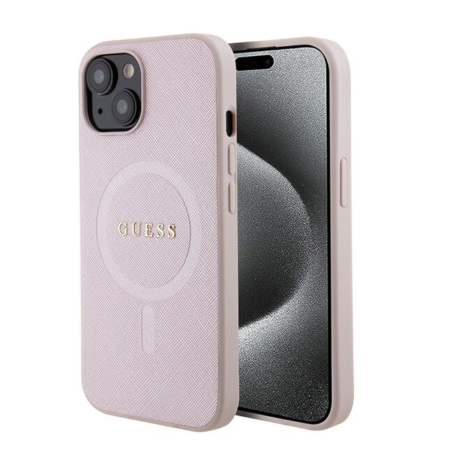 Husa premium pentru  iPhone 15 compatibila MagSafe Guess Luxury Series - Roz pal
