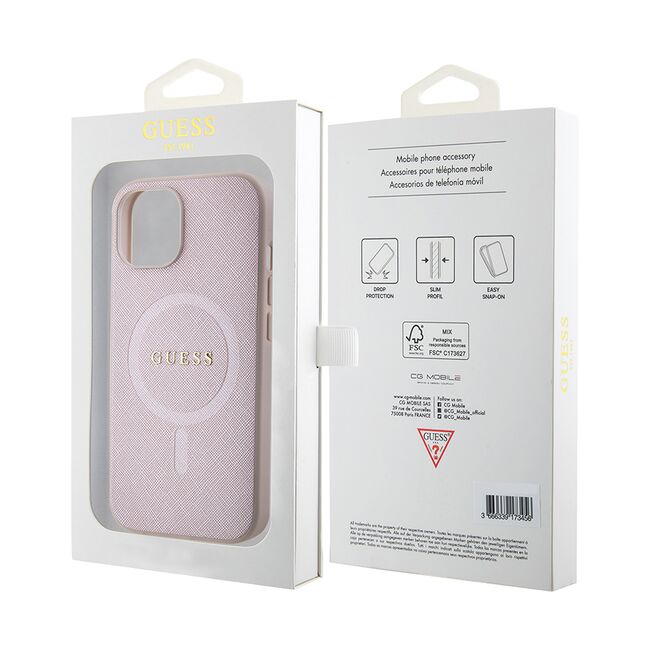 Husa premium pentru  iPhone 15 compatibila MagSafe Guess Luxury Series - Roz pal