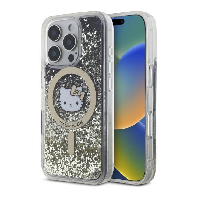 Husa premium pentru  iPhone 16 Pro - Hello Kitty compatibila MagSafe - Negru auriu