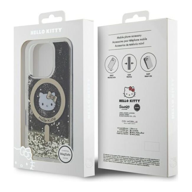 Husa premium pentru  iPhone 16 Pro - Hello Kitty compatibila MagSafe - Negru auriu