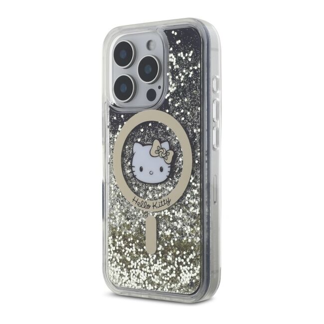 Husa premium pentru  iPhone 16 Pro - Hello Kitty compatibila MagSafe - Negru auriu