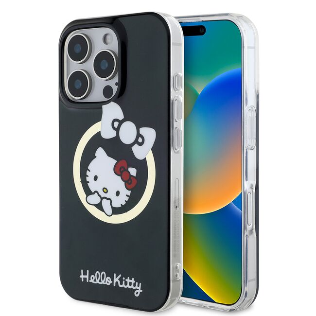 Husa premium pentru  iPhone 16 Pro - Hello Kitty compatibila MagSafe - Negru denim