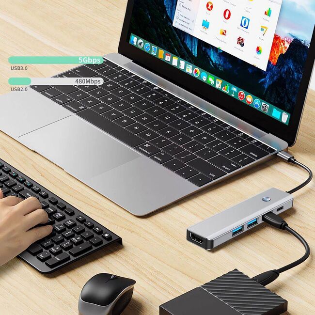 Adaptor HUB 5 in 1 USB Tip-C la 1 x USB 3.0, 2 x USB 2.0, 1 x HDMI 4K la 60Hz, 1 x USB Tip-C PD 100W, compatibil laptop Lenovo, Dell, HP, Asus, Acer, Apple MacBook Air/Pro, Chromebook, tableta, space grey