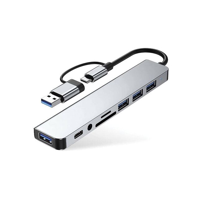 Adaptor HUB 8 in 1 de la USB Tip-C sau USB 2.0 la 2 x USB 3.0, 2 x USB 2.0, 1 x USB-C (Date), Cititor card SD/MicroSD, Jack Audio 3.5mm – Design Premium, compatibil laptop Lenovo, Dell, HP, Asus, Acer, Apple MacBook Air/Pro, Chromebook, tableta, silver gr