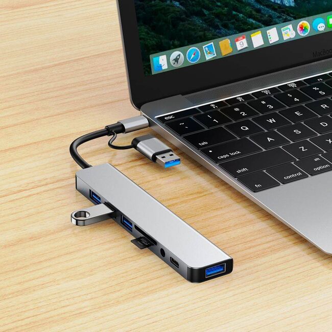 Adaptor HUB 8 in 1 de la USB Tip-C sau USB 2.0 la 2 x USB 3.0, 2 x USB 2.0, 1 x USB-C (Date), Cititor card SD/MicroSD, Jack Audio 3.5mm – Design Premium, compatibil laptop Lenovo, Dell, HP, Asus, Acer, Apple MacBook Air/Pro, Chromebook, tableta, silver gr