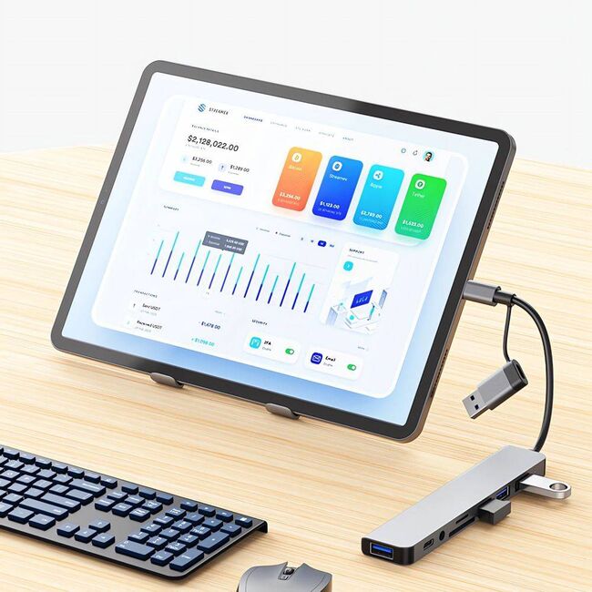 Adaptor HUB 8 in 1 de la USB Tip-C sau USB 2.0 la 2 x USB 3.0, 2 x USB 2.0, 1 x USB-C (Date), Cititor card SD/MicroSD, Jack Audio 3.5mm – Design Premium, compatibil laptop Lenovo, Dell, HP, Asus, Acer, Apple MacBook Air/Pro, Chromebook, tableta, silver gr