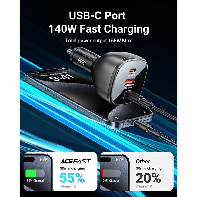Incarcator auto 2x USB-C, USB, 165W, Fast Charging, Intelligent Temperature Control, Acefast B14, negru