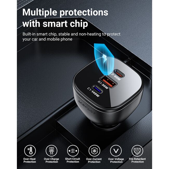 Incarcator auto 2x USB-C, USB, 165W, Fast Charging, Intelligent Temperature Control, Acefast B14, negru