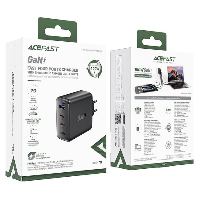 Incarcator priza PD100W GaN2, 3x Type-C, USB-A, Acefast A94, negru