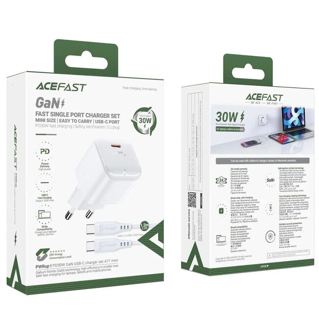 Set incarcator Type-C PD30W GaN cu cablu USB-C, Acefast A77, alb