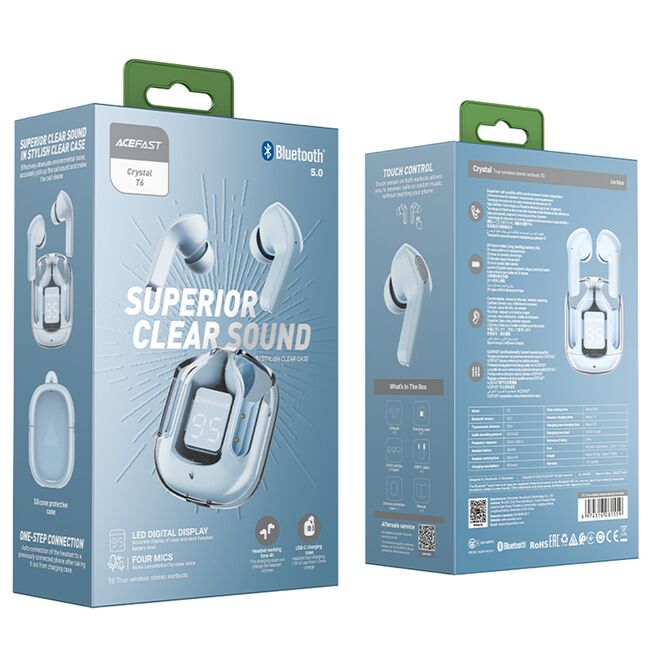 Casti True Wireless Type-C, IPX4, Acefast T6, 500mAh, albastru