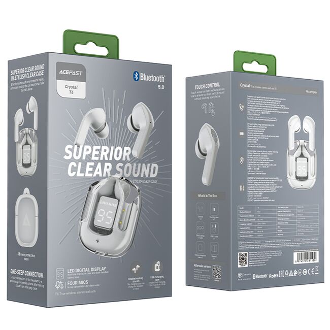Casti True Wireless Type-C, IPX4, Acefast T6, 500mAh, gri