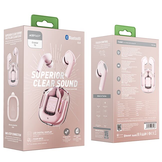 Casti True Wireless Type-C, IPX4, Acefast T6, 500mAh, roz