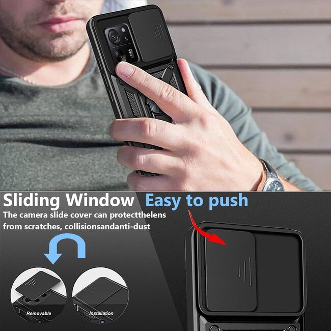 Husa Xiaomi 13T, 13T Pro cu inel Ring Armor Kickstand Tough Rugged cu protectie camera (negru)