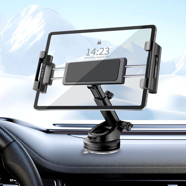 Suport auto pentru tableta 7 -  11 inch, cu prindere pe parbriz sau bord, brat telescopic ajustabil, rotire 360, negru