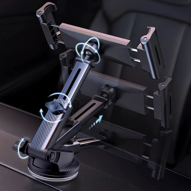 Suport auto pentru tableta 7 -  11 inch, cu prindere pe parbriz sau bord, brat telescopic ajustabil, rotire 360, negru