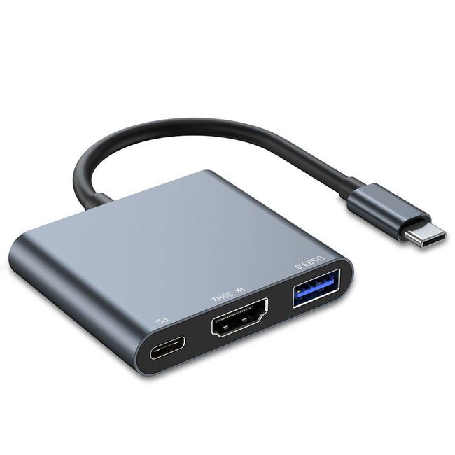 Adaptor HUB 3 in 1 de la USB Type-C la 1 x USB 3.0, 1 x USB Type-C 100W, 1x HDMI 4K 30Hz, compatibil laptop Lenovo, Dell, HP, Asus, Acer, Apple MacBook Air/Pro, Chromebook, tableta, space grey