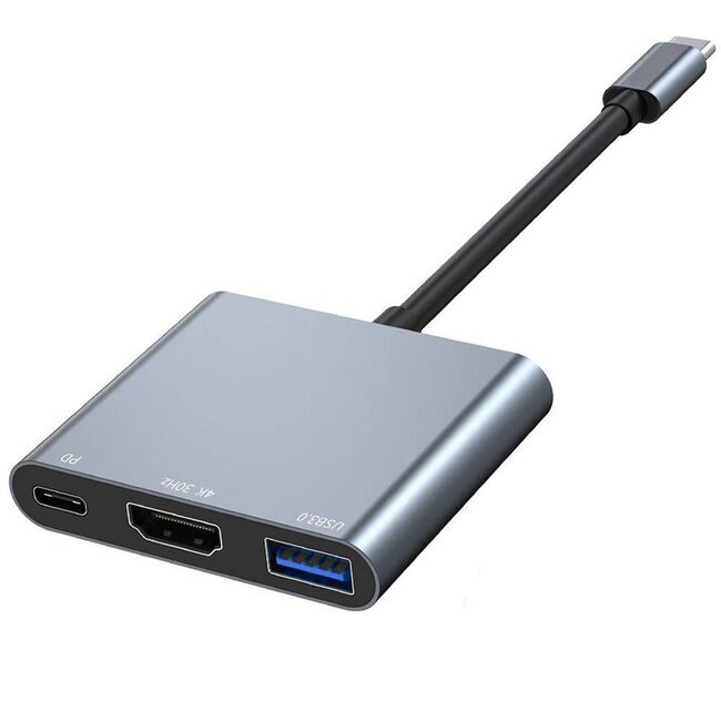 Adaptor HUB 3 in 1 de la USB Type-C la 1 x USB 3.0, 1 x USB Type-C 100W, 1x HDMI 4K 30Hz, compatibil laptop Lenovo, Dell, HP, Asus, Acer, Apple MacBook Air/Pro, Chromebook, tableta, space grey