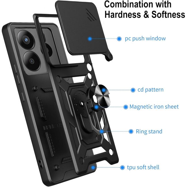 Husa pentru  Xiaomi Redmi Note 14 4G Ring Armor Kickstand Tough Rugged Cover cu protectie camera, Negru