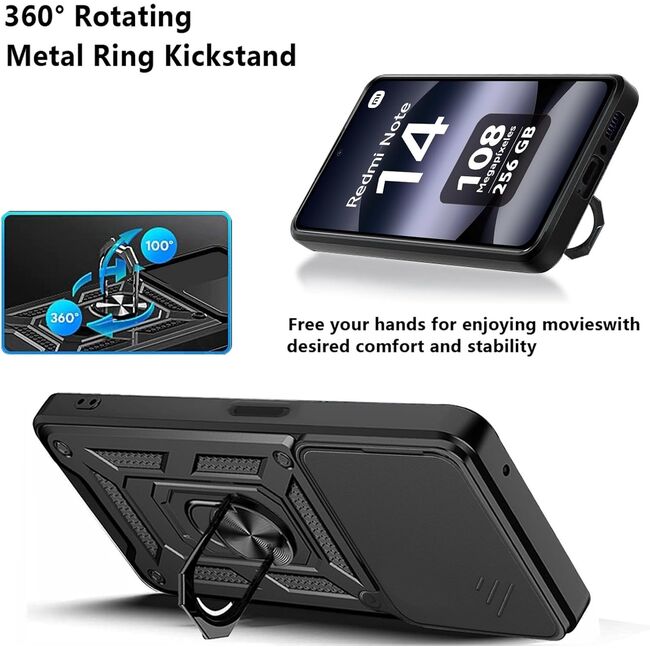 Husa pentru  Xiaomi Redmi Note 14 4G Ring Armor Kickstand Tough Rugged Cover cu protectie camera, Negru