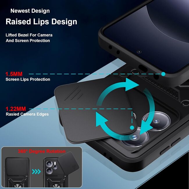Husa pentru  Xiaomi Redmi Note 14 4G Ring Armor Kickstand Tough Rugged Cover cu protectie camera, Negru