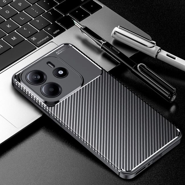 Husa de protectie pentru  Xiaomi Redmi Note 14 4G Auto Focus Slim, Anti-Scratch, cu fibra de carbon si protectie lentile - Negru denim