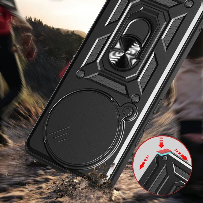 Husa pentru  Xiaomi Redmi Note 14 4G Ring Armor Kickstand Tough Rugged Cover cu protectie camera, Negru