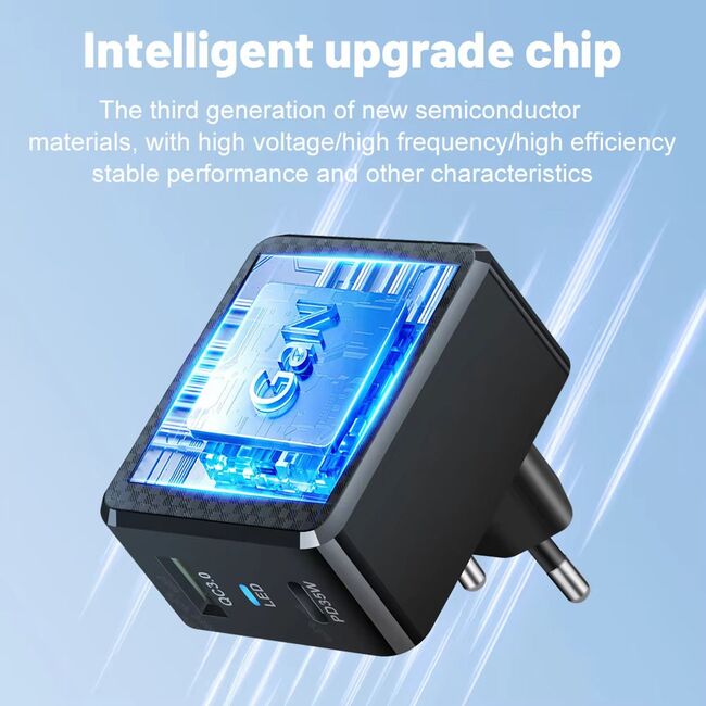 Încărcător rapid premium pentru priza 35W, Tehnologie GaN, 1 x USB Type-C & 1 x USB 3.0 Quick Charge, Fast Charging, Indicator LED, Compatibil Universal – Putere și Eleganță la Superlativ - negru