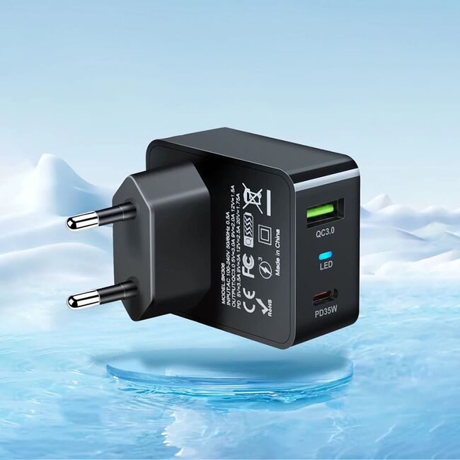 Încărcător rapid premium pentru priza 35W, Tehnologie GaN, 1 x USB Type-C & 1 x USB 3.0 Quick Charge, Fast Charging, Indicator LED, Compatibil Universal – Putere și Eleganță la Superlativ - negru