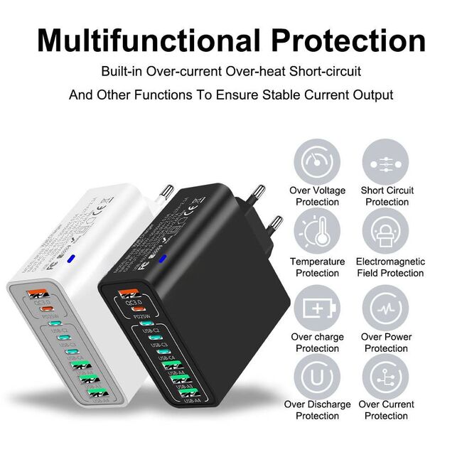 Încărcător Multifuncțional de priza 4 x USB, 4 X Type-C, Fast Charging, 65W, Fast Charging, Protecție Avansată, Compatibil Universal alb