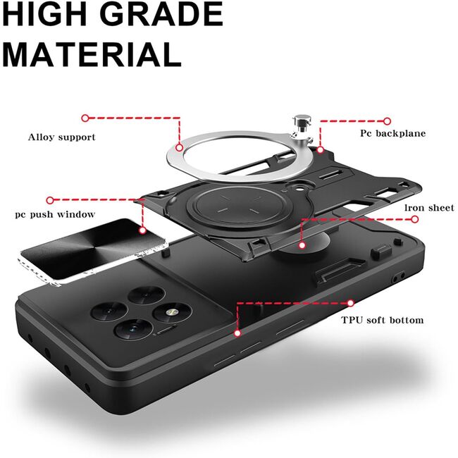 Husa pentru  OnePlus 13R cu protecție pentru cameră și suport magnetic integrat Ring Shockproof, Roz neon