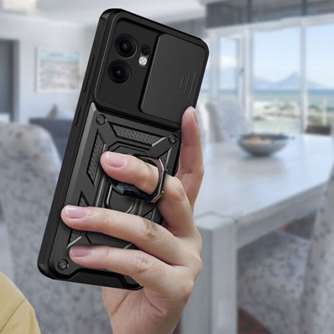 Husa pentru  Oppo Reno 13 Pro Ring Armor Kickstand Tough Rugged Cover cu protectie camera, Negru