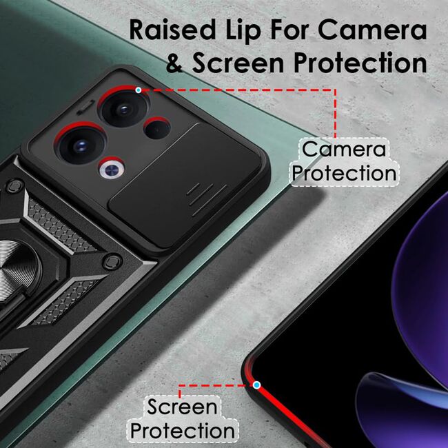 Husa pentru  Oppo Reno 13 Ring Armor Kickstand Tough Rugged Cover cu protectie camera, Negru