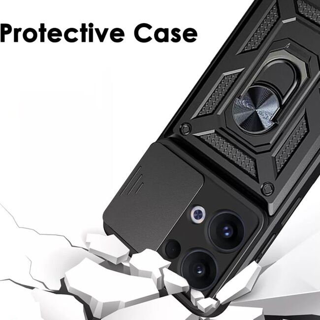 Husa pentru  Oppo Reno 13 Ring Armor Kickstand Tough Rugged Cover cu protectie camera, Negru