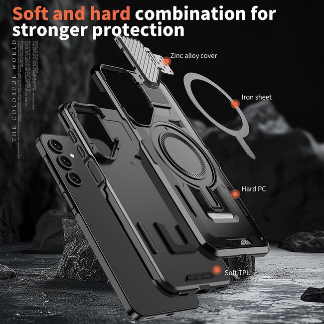 Husa pentru  Samsung Galaxy A36 compatibla MagSafe, Rugged Shockproof Magnetic, Camera Cover, Built-in Kickstand - Negru