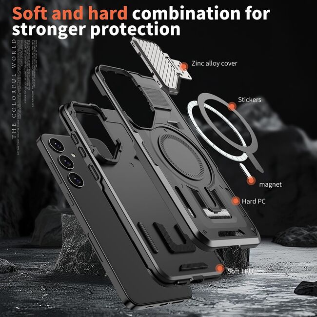 Husa pentru  Samsung Galaxy S24+ Plus compatibla MagSafe, Rugged Shockproof Magnetic, Camera Cover, Built-in Kickstand - Negru