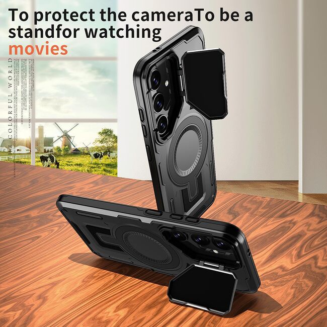 Husa pentru  Samsung Galaxy S24+ Plus compatibla MagSafe, Rugged Shockproof Magnetic, Camera Cover, Built-in Kickstand - Negru