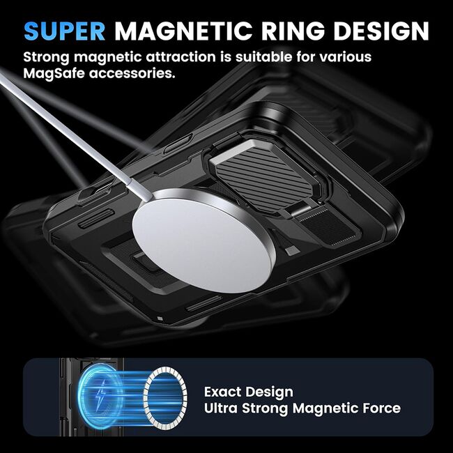 Husa pentru  iPhone 15 Plus compatibla MagSafe, Rugged Shockproof Magnetic, Camera Cover, Built-in Kickstand - Negru