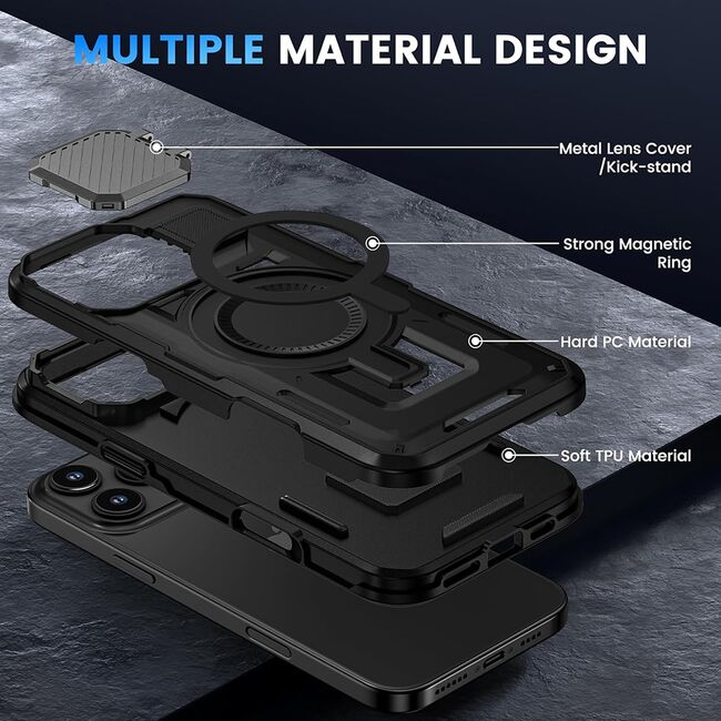Husa pentru  iPhone 15 Pro Max compatibla MagSafe, Rugged Shockproof Magnetic, Camera Cover, Built-in Kickstand - Negru