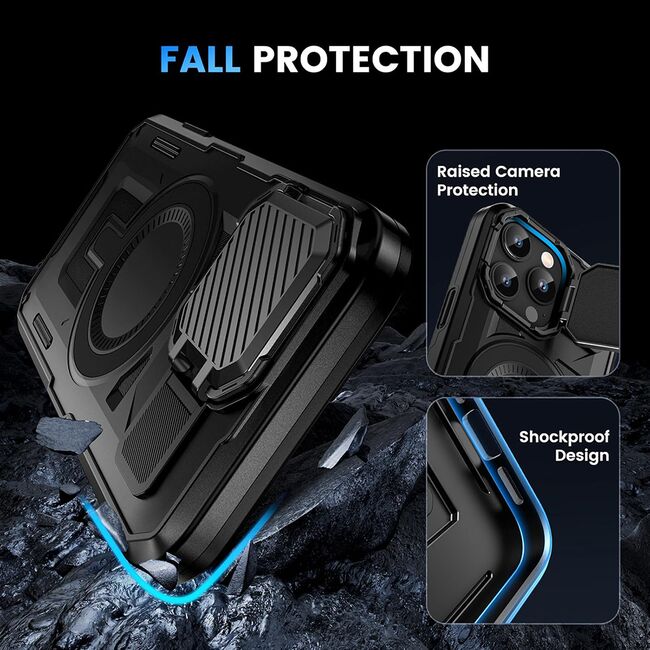 Husa pentru  iPhone 15 Pro compatibla MagSafe, Rugged Shockproof Magnetic, Camera Cover, Built-in Kickstand - Negru
