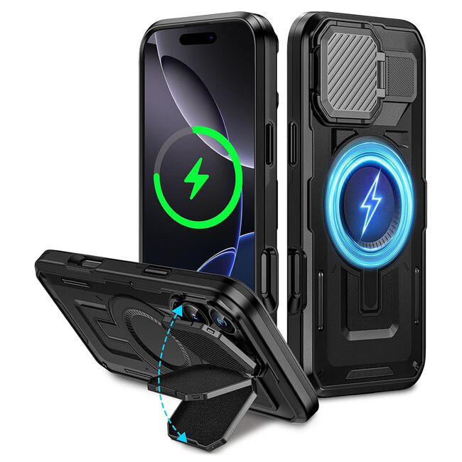 Husa pentru  iPhone 16 Pro Max compatibla MagSafe, Rugged Shockproof Magnetic, Camera Cover, Built-in Kickstand - Negru