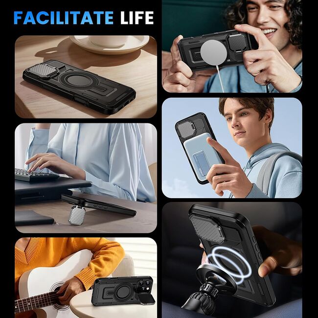 Husa pentru  iPhone 16 Pro Max compatibla MagSafe, Rugged Shockproof Magnetic, Camera Cover, Built-in Kickstand - Negru