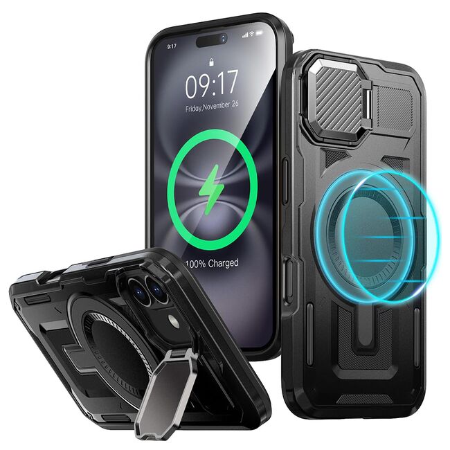 Husa pentru  iPhone 16 compatibla MagSafe, Rugged Shockproof Magnetic, Camera Cover, Built-in Kickstand - Negru