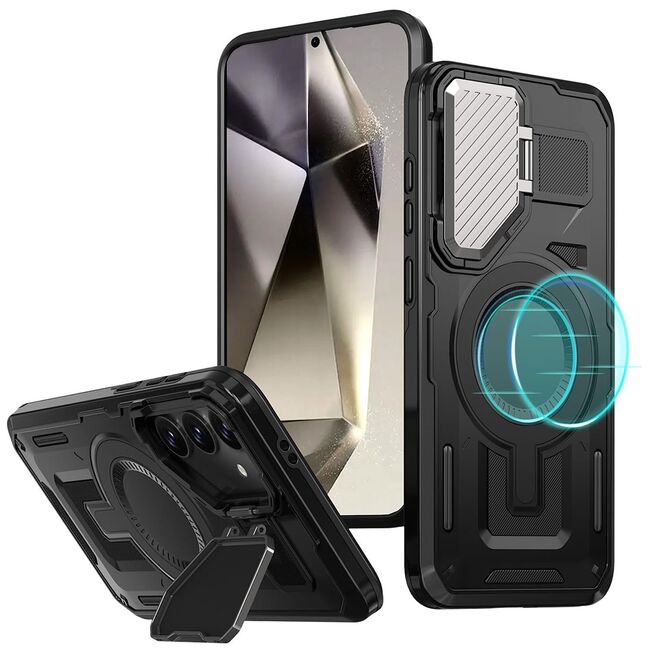 Husa pentru  Samsung Galaxy S25+ compatibla MagSafe, Rugged Shockproof Magnetic, Camera Cover, Built-in Kickstand - Negru