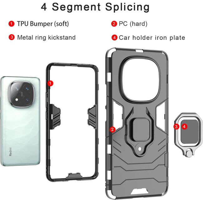 Husa pentru  Xiaomi Redmi Note 14 Pro+ Plus cu inel Ring Armor Kickstand Tough, Negru