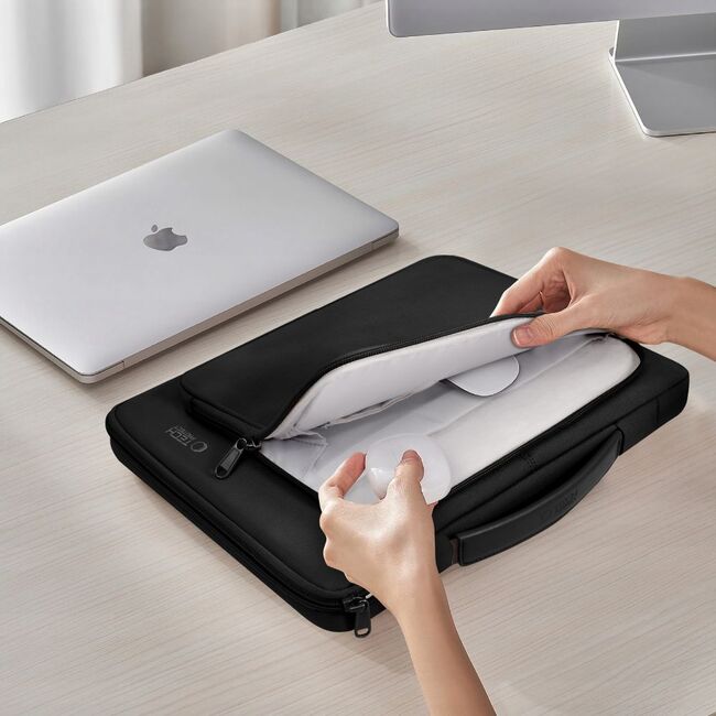 Geantă Premium Elegantă și Practică pentru Laptop 13 - 14 si tableta, compatibila Macbook, Lenovo, Microsoft, Acer, HP, Asus, cu Protecție Antişoc, Interior Moale, Compartimente Suplimentare și Design Modern, negru