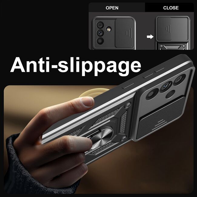Set 360: Folie din sticla + Husa pentru  Samsung Galaxy A56 Ring Armor Kickstand Tough Rugged Cover cu protectie camera, Negru royal