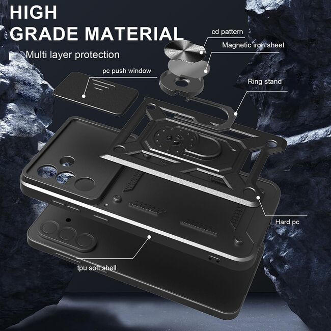 Set 360: Folie din sticla + Husa pentru  Samsung Galaxy A56 Ring Armor Kickstand Tough Rugged Cover cu protectie camera, Negru royal